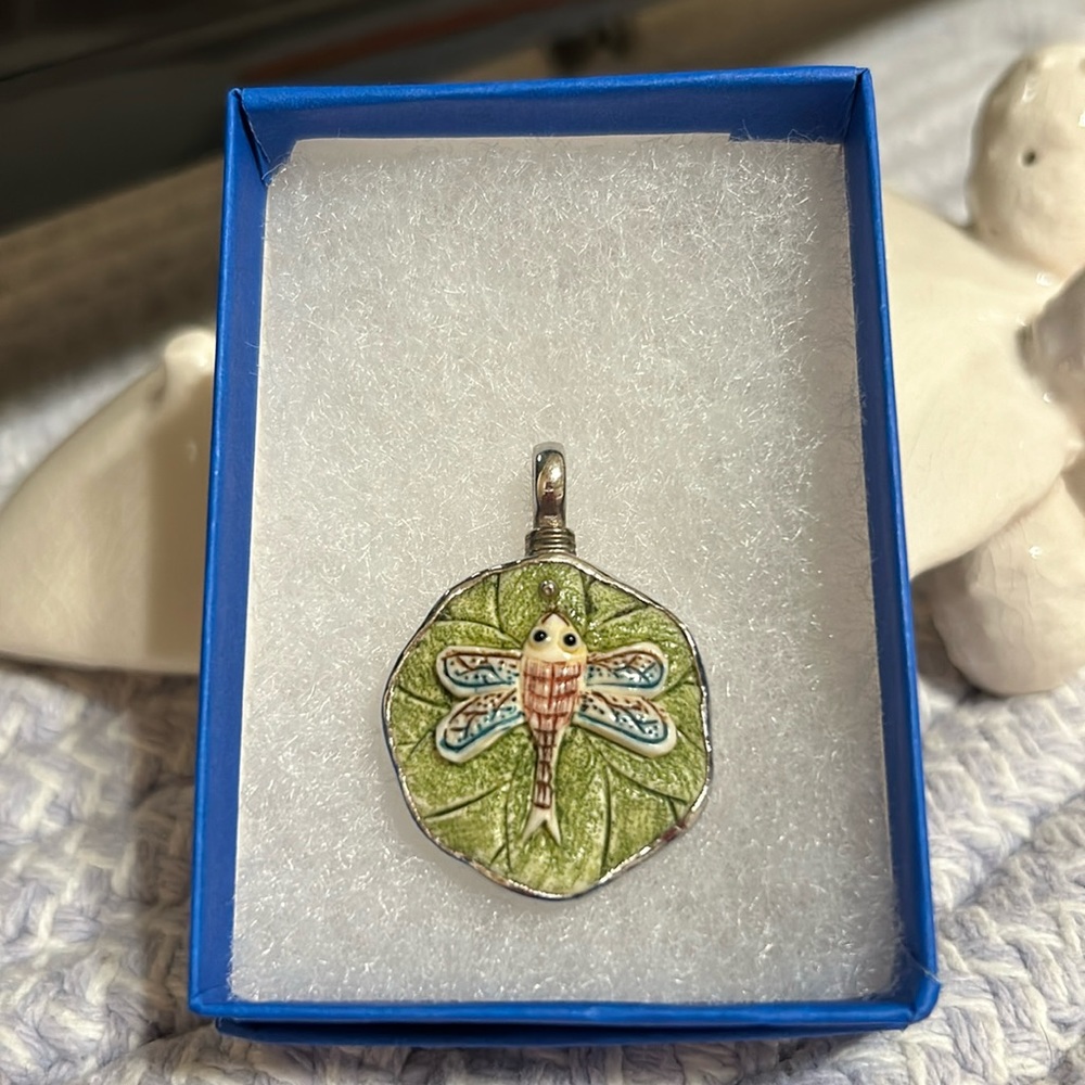 Sterling silver dragonfly pendant, artist stamped and cast. Shepard hook bale.